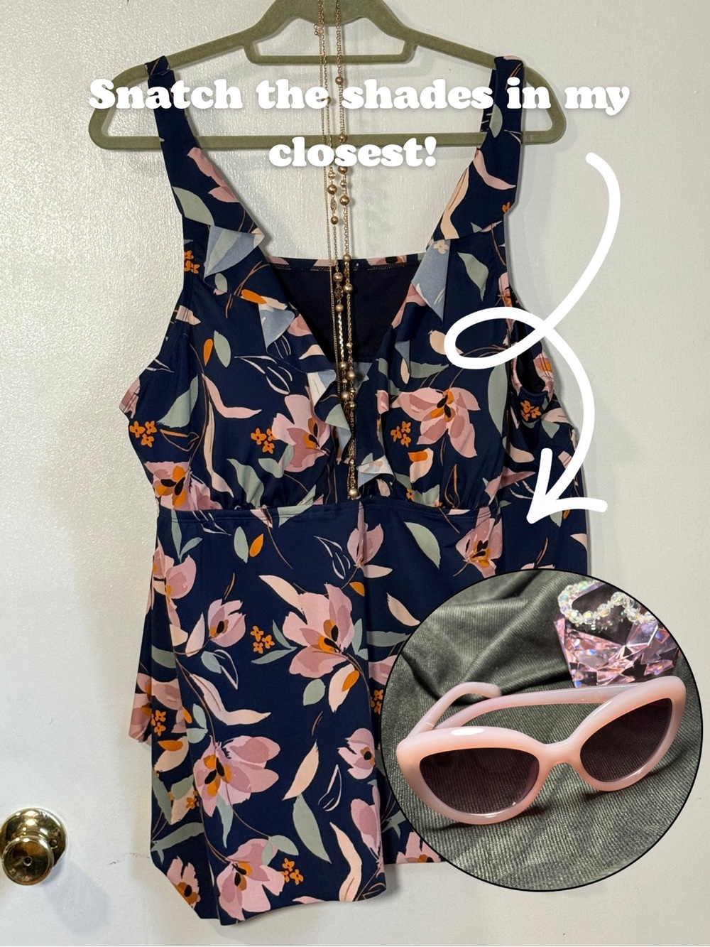EVRI 4X Navy Pink Floral Ruffle Tankini Top Plus Size Swimwear